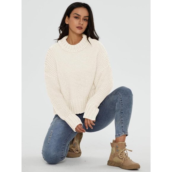 Women's Crewneck Chunky Knit  Batwing Long Sleeve Loose Pullover Sweaters Tops - Picture 6 of 6